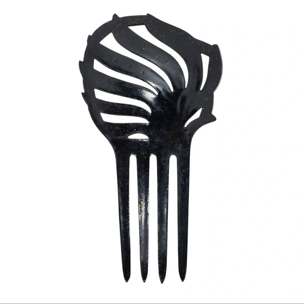 Vintage Black Celluloid Spanish Style Art Nouveau Hair Comb w Red Rhinestones